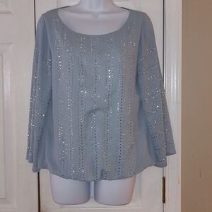 Silver blue flowy blouse with silver reflective carved studs. Eye catching Sz 6